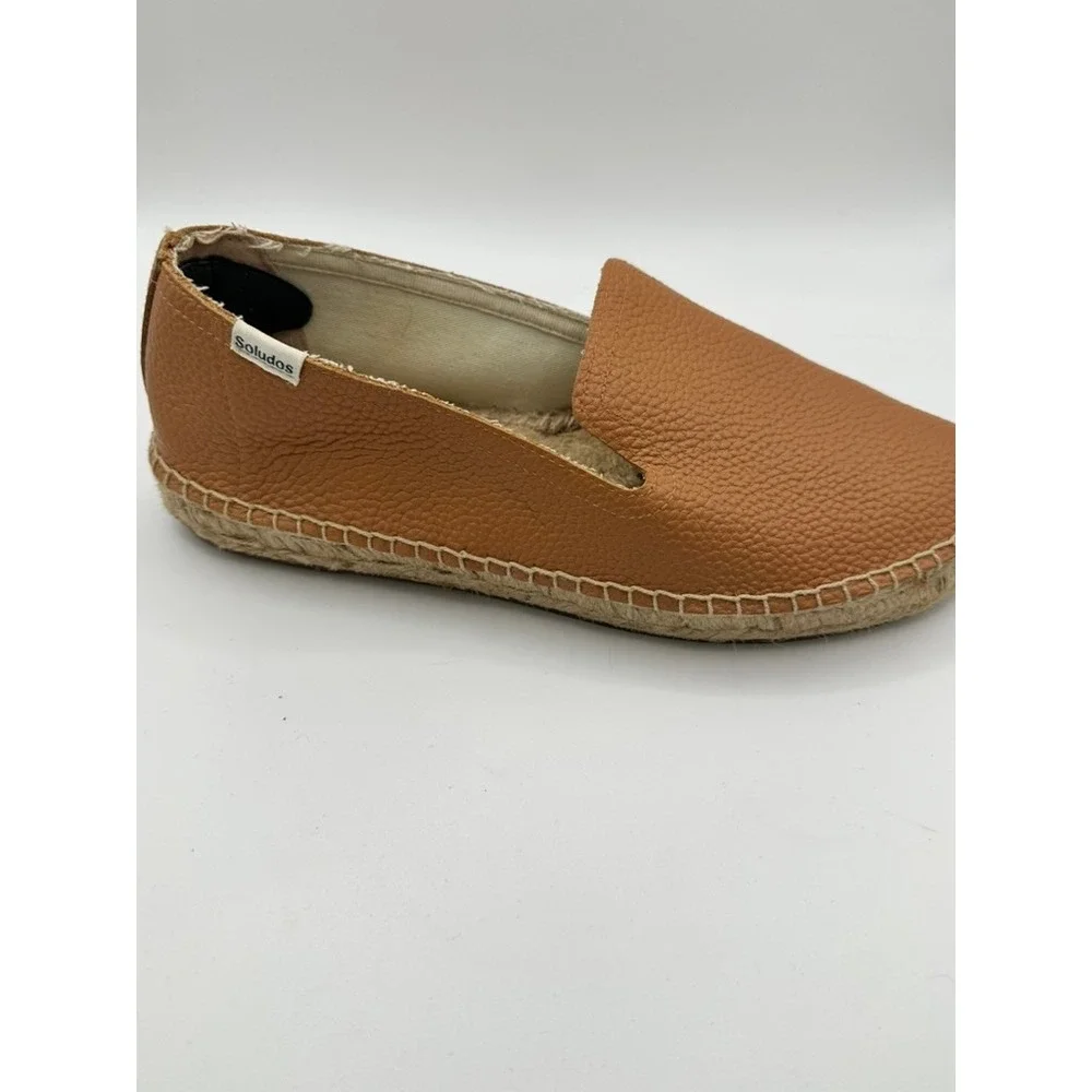 Soludos Womens Tan Pebbled Leather‎ Smoking Slipper Espadrille Flats Shoes